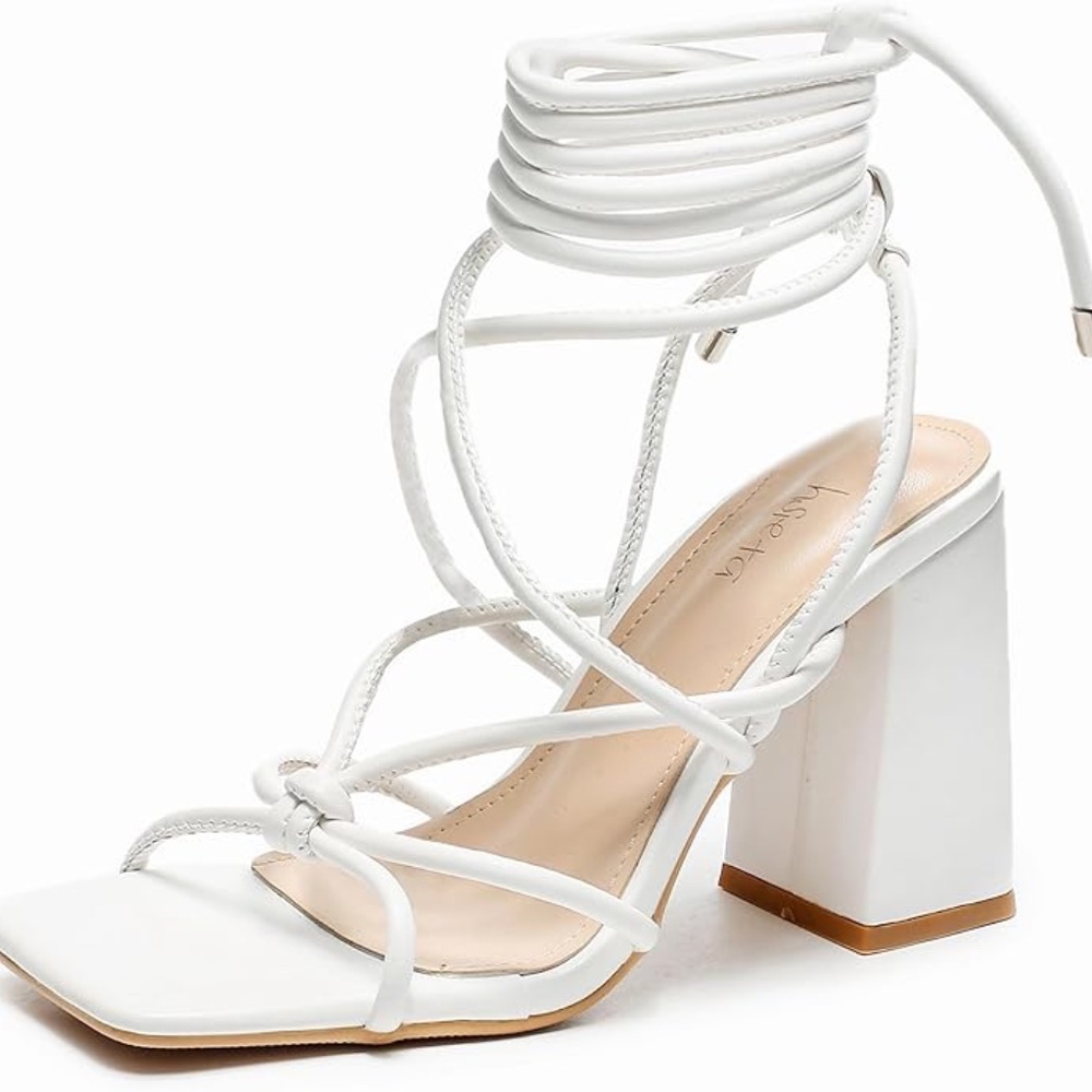 White Strappy Block Heel Sandals - Size 8